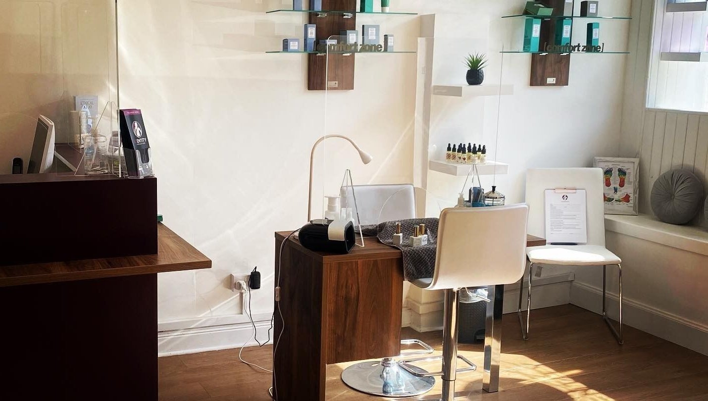 Chic nail salon setup at Identity of Broughty Ferry, Dundee, Scotland, GB with modern decor and skincare products.
