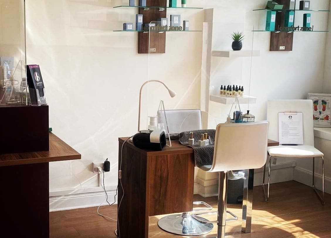 Chic nail salon setup at Identity of Broughty Ferry, Dundee, Scotland, GB with modern decor and skincare products.