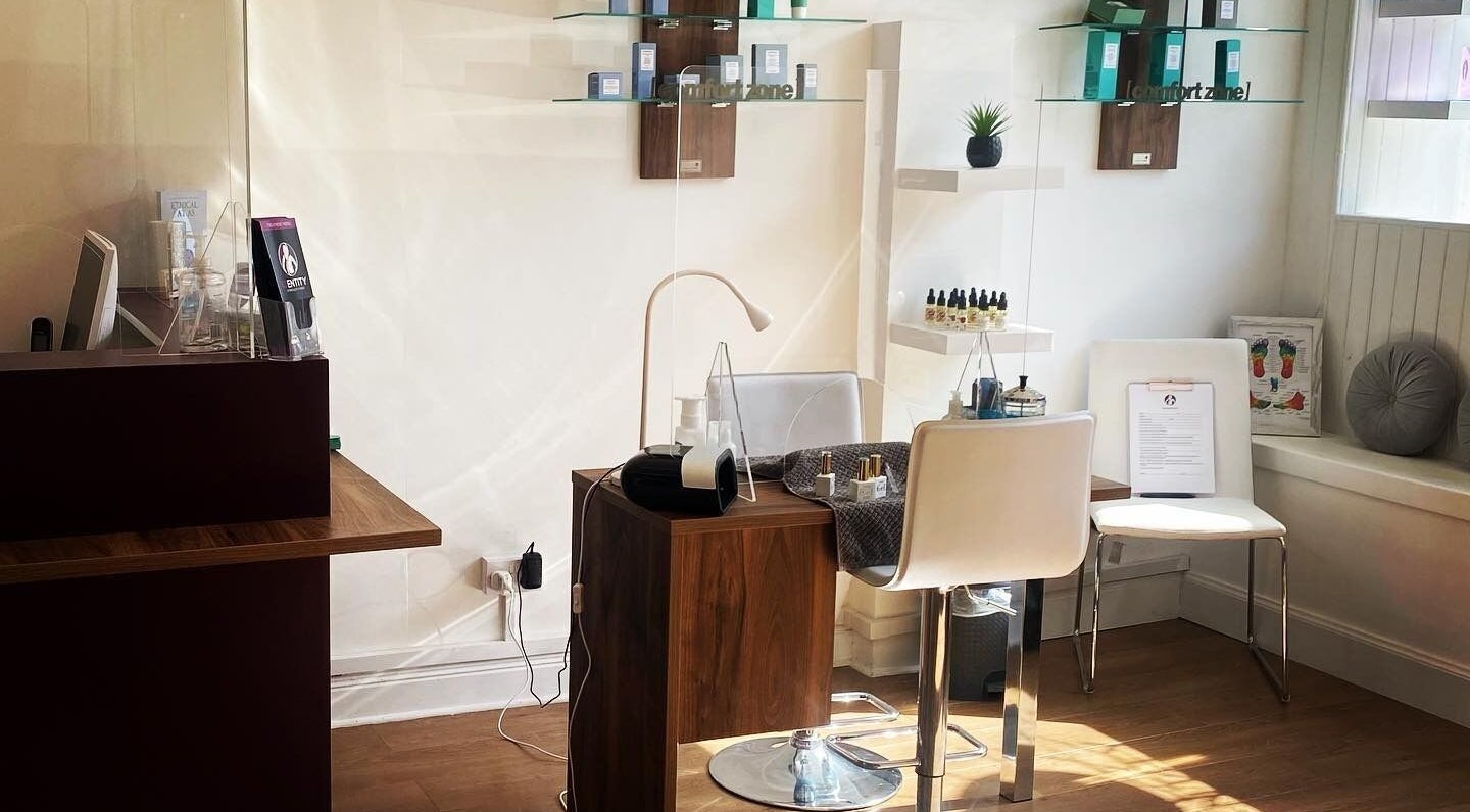 Chic nail salon setup at Identity of Broughty Ferry, Dundee, Scotland, GB with modern decor and skincare products.