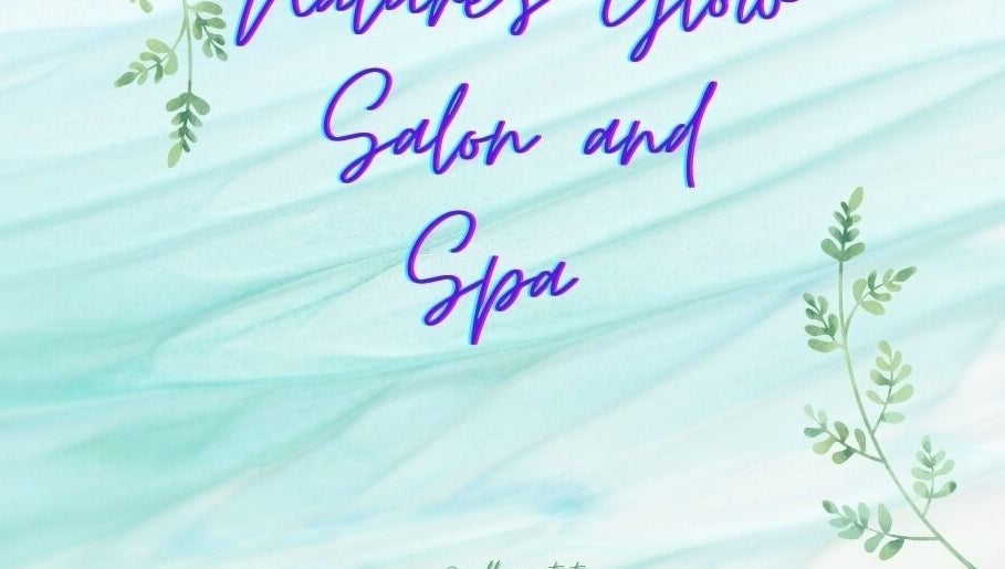 Nature's Glow Salon and Spa banner with leaves, Lafayette, Louisiana, US backdrop.