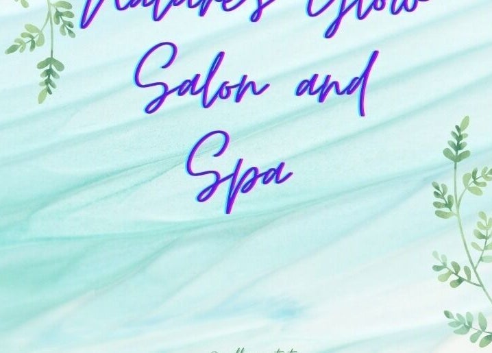 Nature's Glow Salon and Spa banner with leaves, Lafayette, Louisiana, US backdrop.