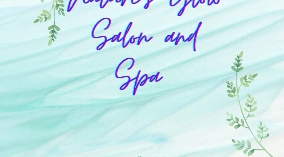 Nature's Glow Salon and Spa banner with leaves, Lafayette, Louisiana, US backdrop.