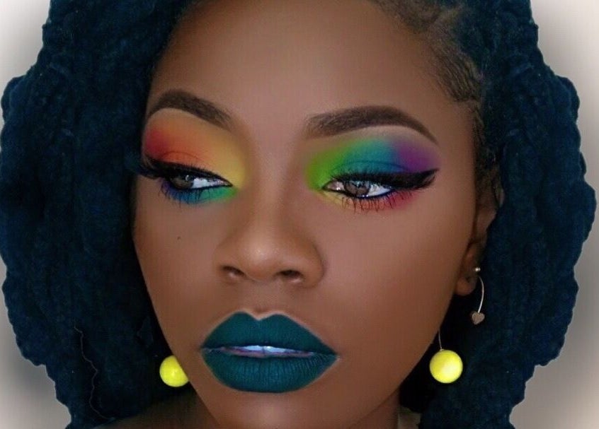 Vibrant rainbow eye makeup at Eunique Faces, Bridgetown, Saint Michael, BB showcasing unique beauty artistry.