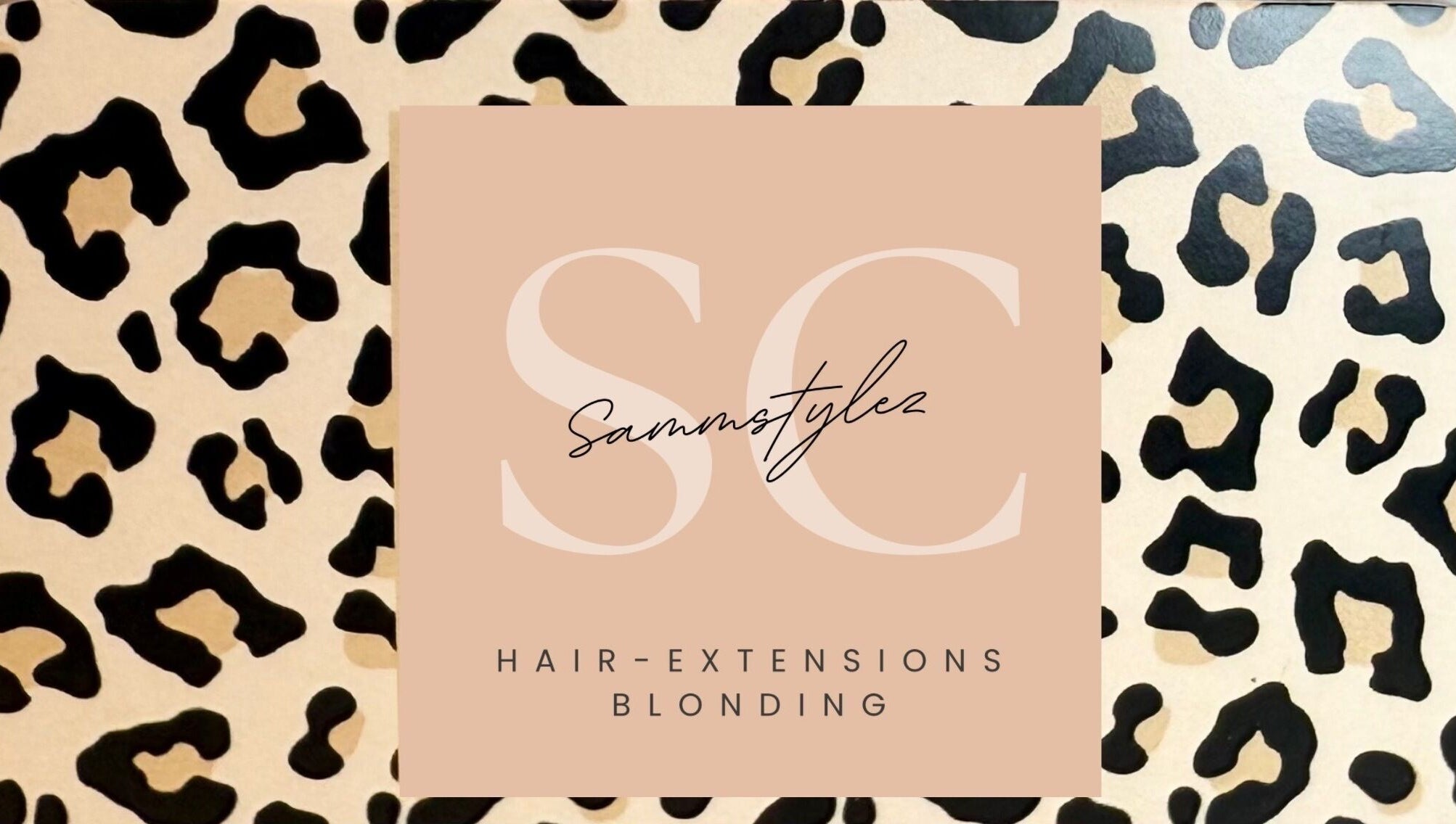 Leopard print background with Sammstylez logo for hair extensions in San Antonio, Texas, US.