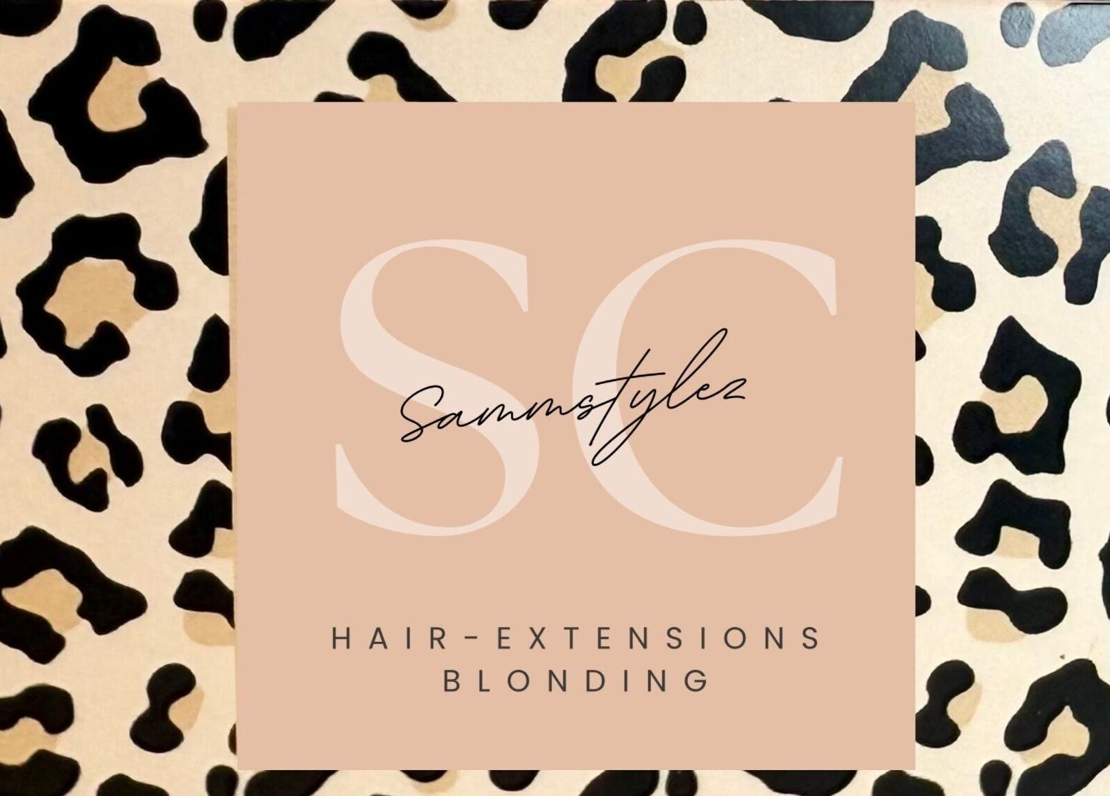Leopard print background with Sammstylez logo for hair extensions in San Antonio, Texas, US.