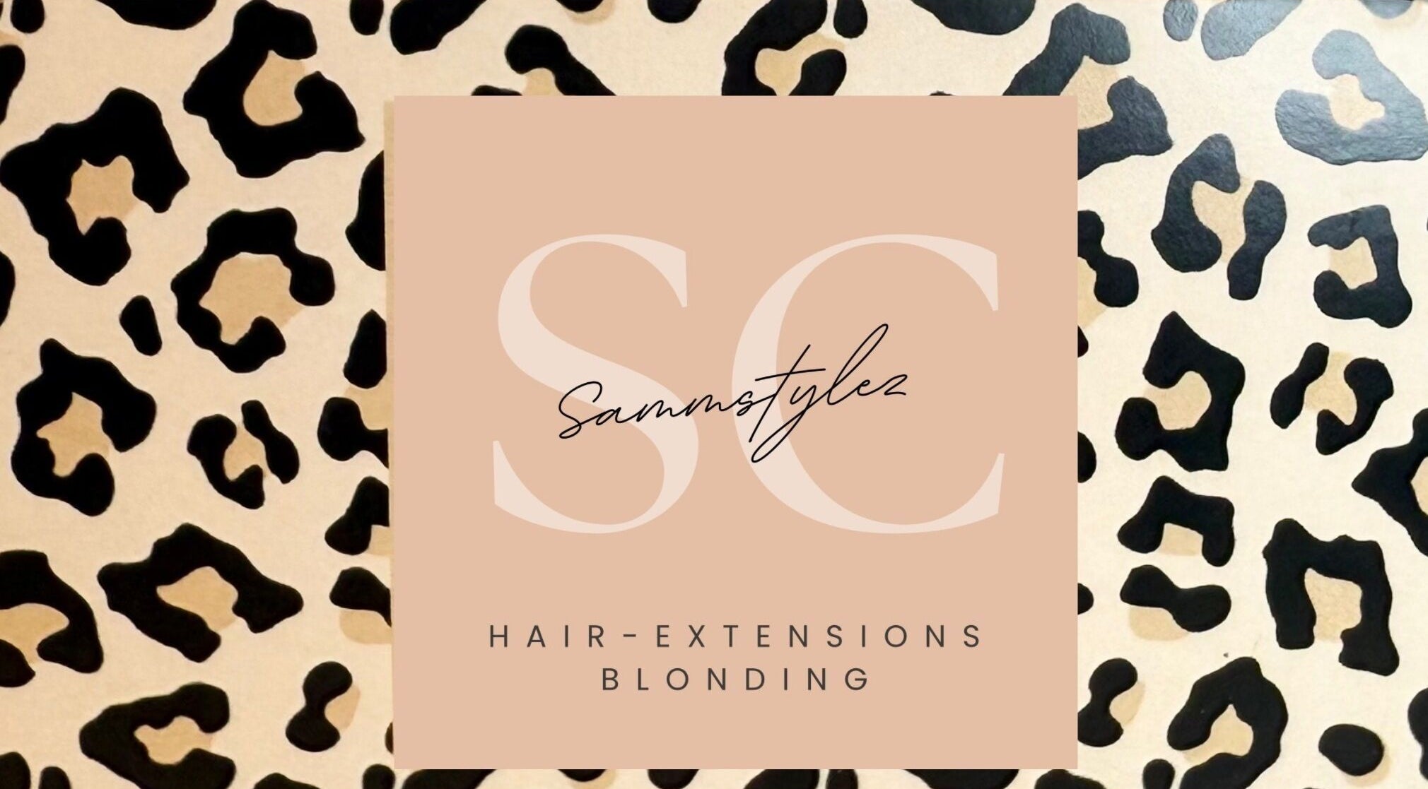Leopard print background with Sammstylez logo for hair extensions in San Antonio, Texas, US.