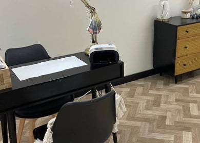 Chic manicure station at Maia Emily Beauty, Derby, England, GB, showcasing elegant decor and modern design.