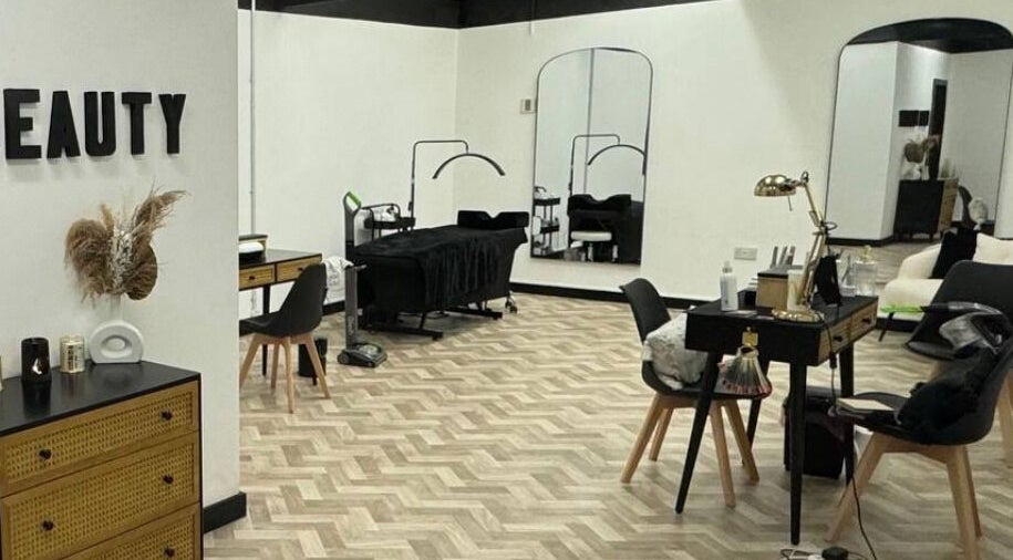 Modern beauty lounge at Maia Emily Beauty, Derby, England, GB, featuring stylish decor and treatment areas.