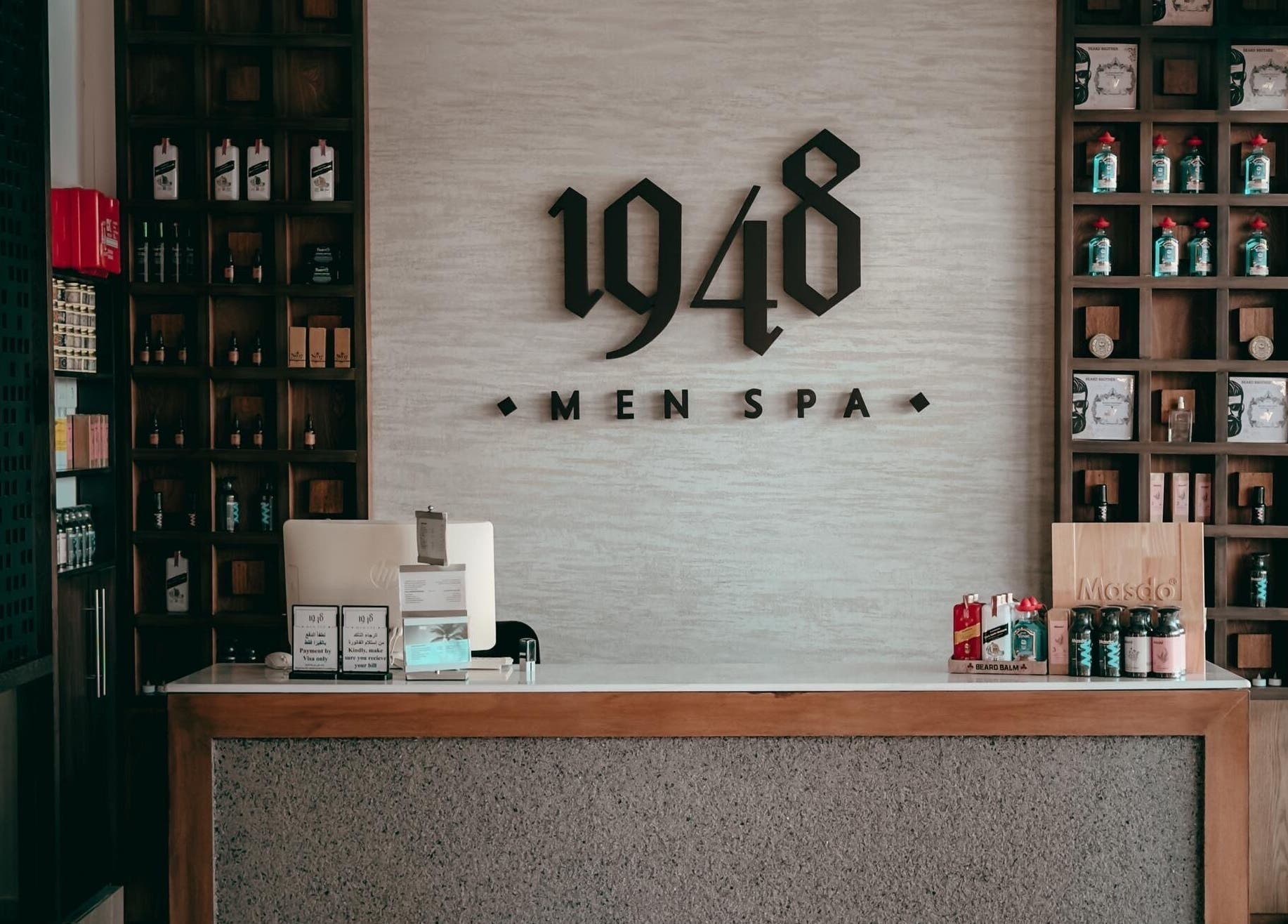 Reception area of 1948 spa in Muscat, Muscat Governorate, OM featuring a stylish and welcoming decor.