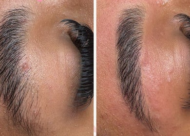 Eyebrow transformation at KV Skin Studio, Glendale, Arizona, US, showcasing before and after grooming results.