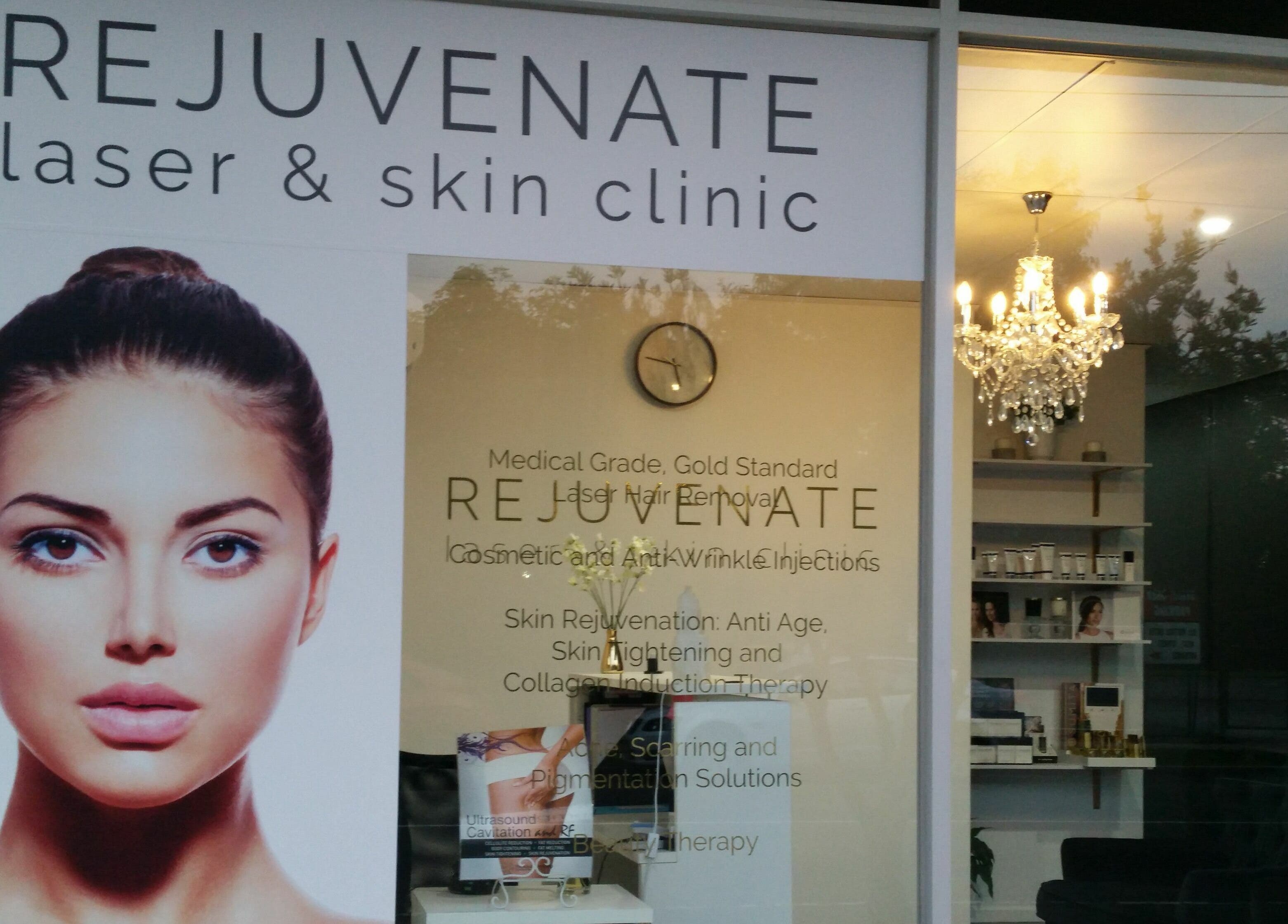 Rejuvenate Laser & Skin Clinic entrance showcases beauty services in Pascoe Vale, VIC, AU under a chandelier.