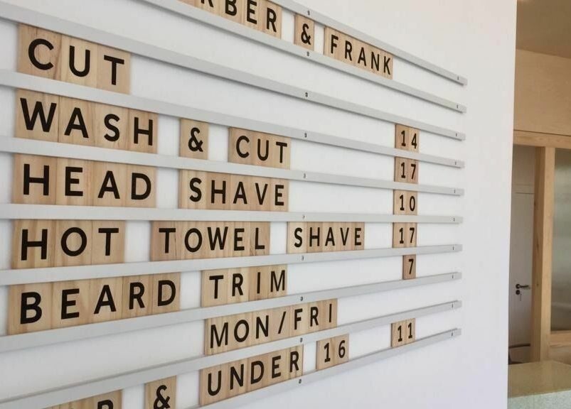 Service menu at Barber and Frank Kemptown, Brighton, England, GB, listing prices for cuts and shaves.