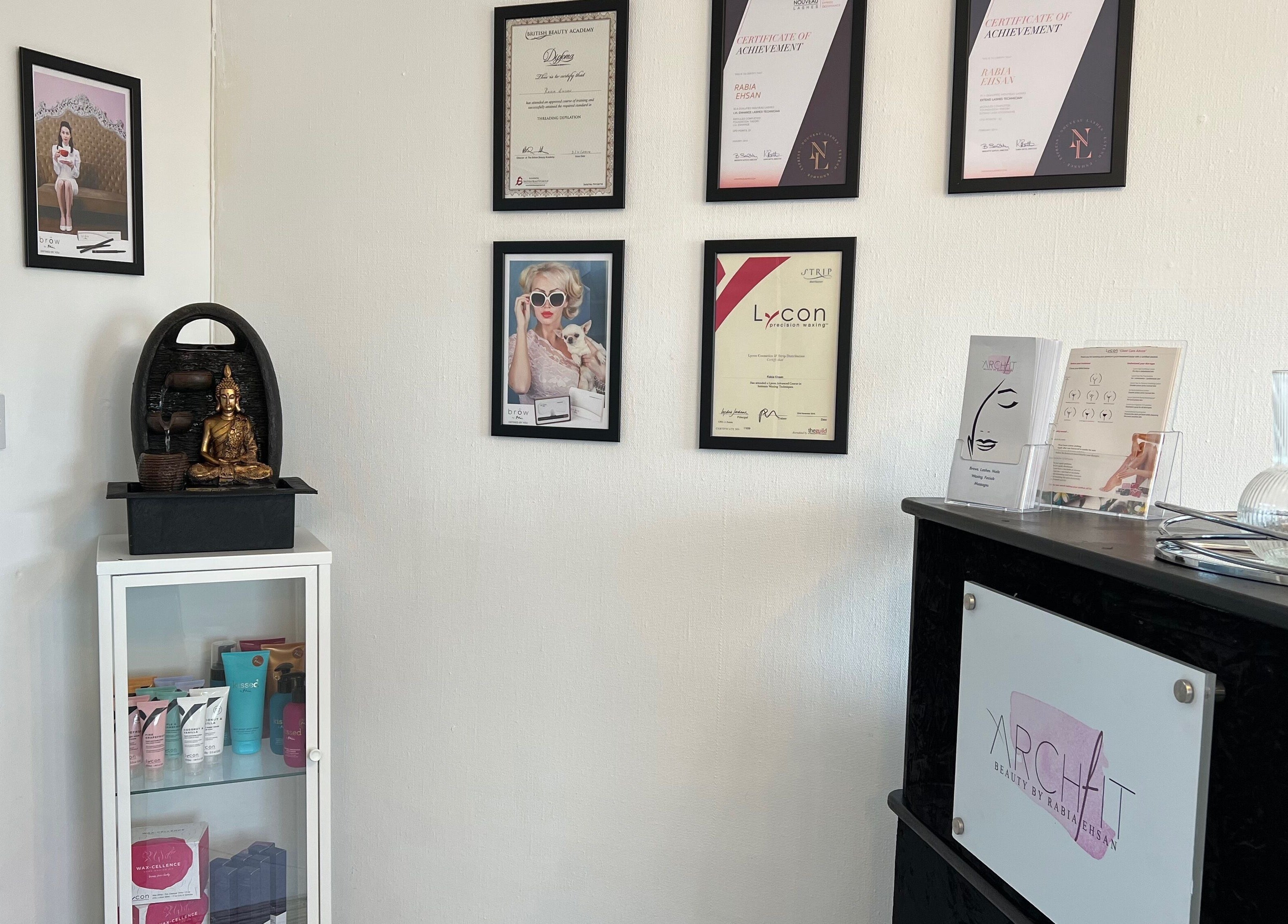 Certificates and decor at Archfit Beauty by Rabia Ehsan, Birmingham, England, GB, portray a serene elegance.