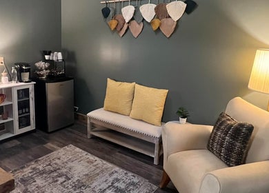 Relaxing seating area with soft lighting at Studio 815, Genoa, Illinois, US.