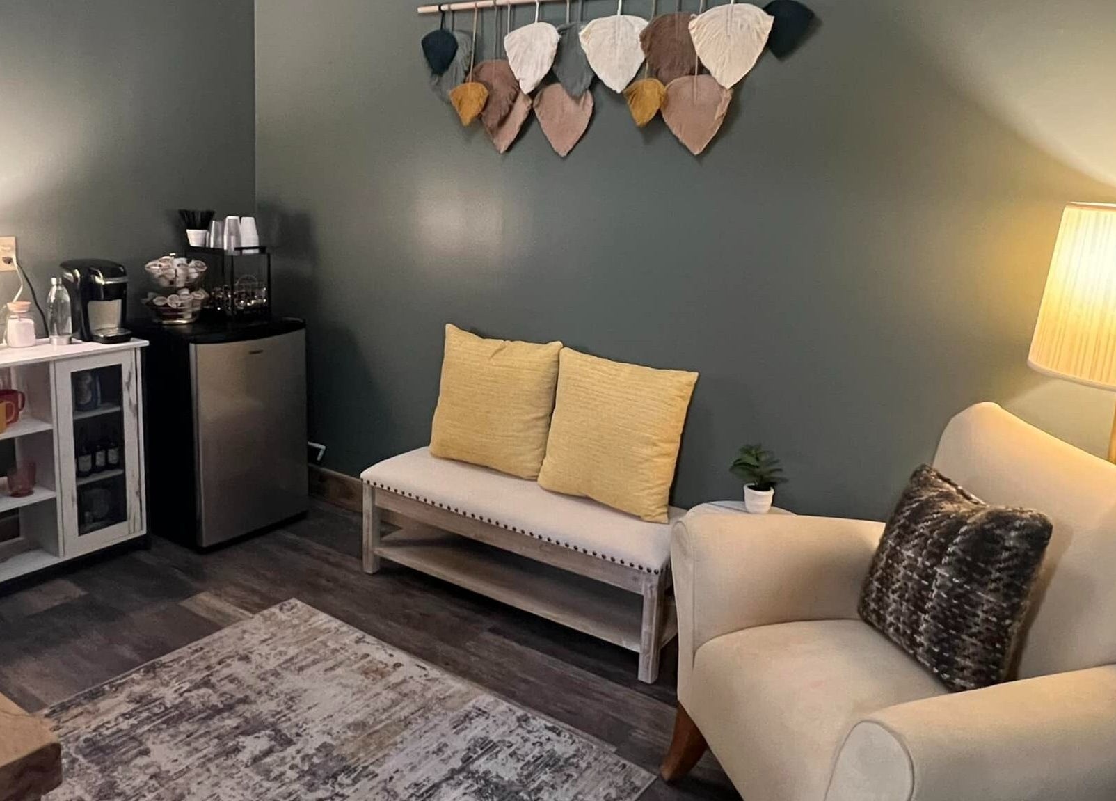 Relaxing seating area with soft lighting at Studio 815, Genoa, Illinois, US.