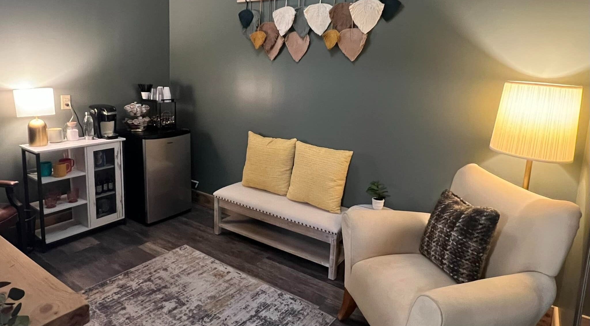 Relaxing seating area with soft lighting at Studio 815, Genoa, Illinois, US.