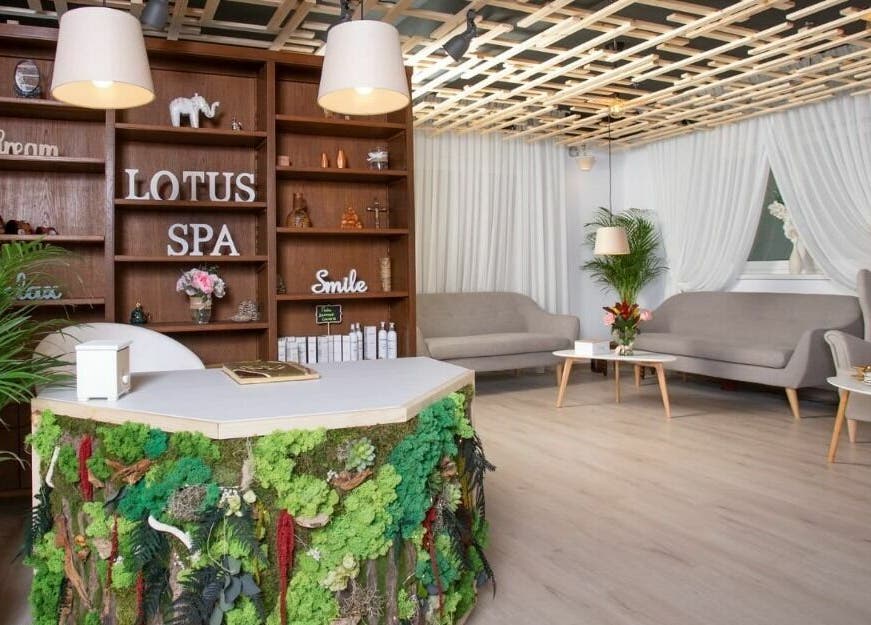 Recepția Lotus Spa Bucuresti cu decor modern și plante verzi, Bucuresti, România, RO.