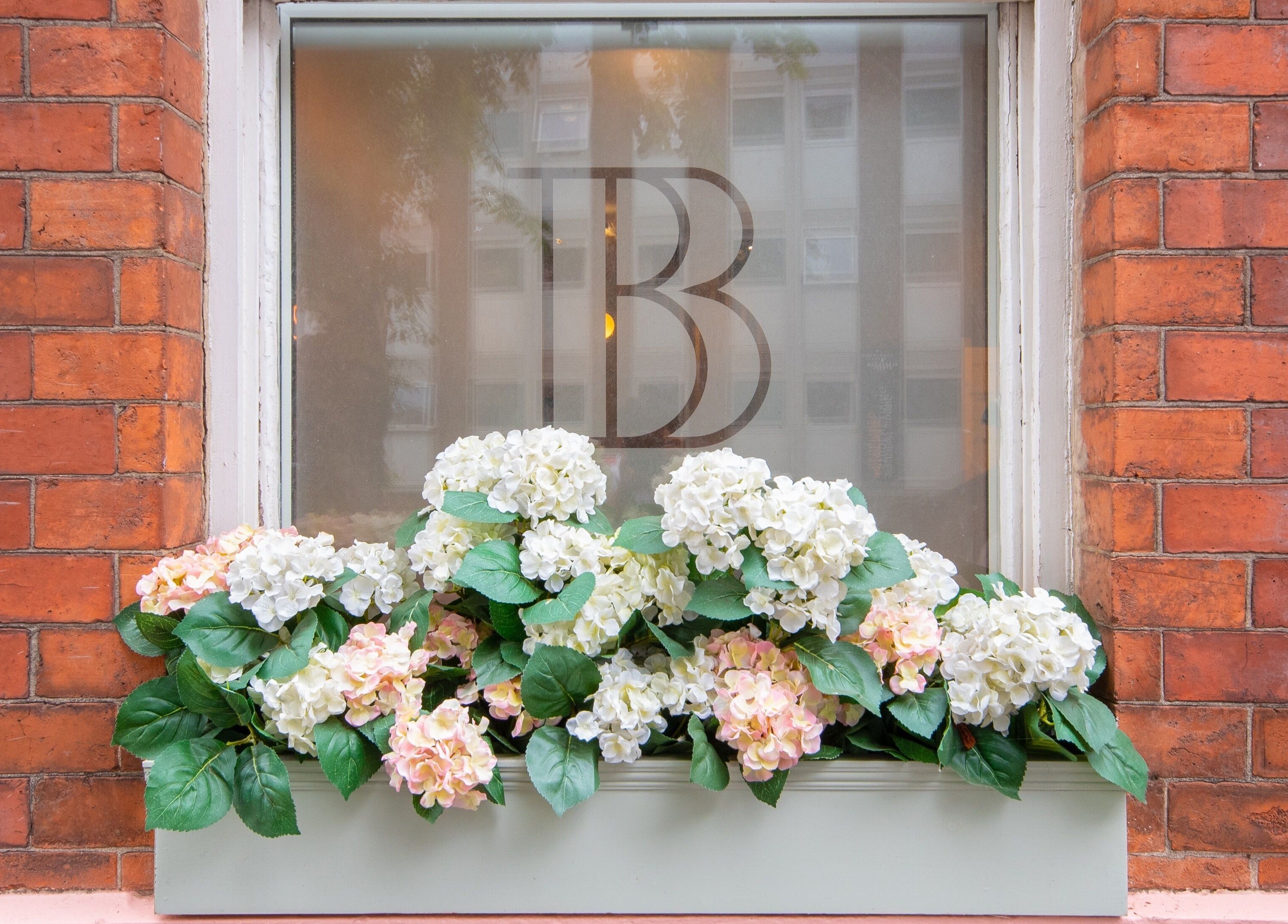 Beautiful window display of hydrangeas at Beautification Nottingham, Nottingham, England, GB.
