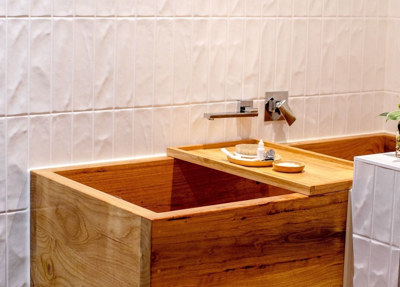 Elegant wooden sink setup at Five Elements Spa, South Melbourne, Victoria, AU, offering a serene wellness experience.