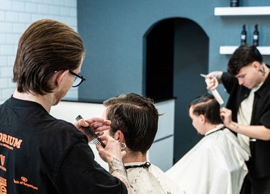 Stylish haircut session at Barberista, Celbridge, County Kildare, IE. Two barbers crafting modern styles.