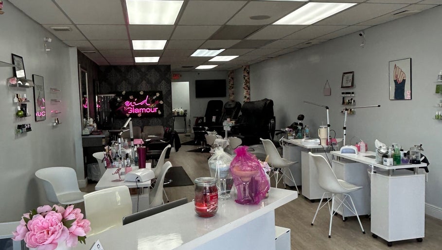 Interior of Liquid Glamour Nails Salon showcasing modern setup in Miami, Florida, US.