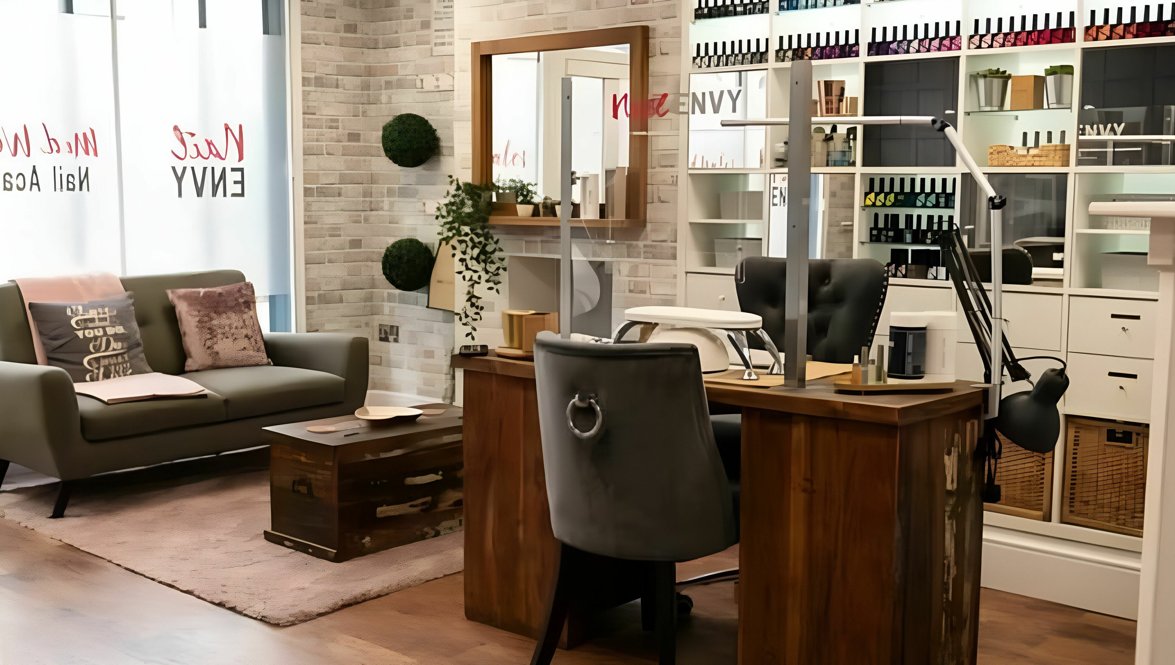 Cozy interior of Nail Envy-Mid Wales in Newtown, Wales, GB featuring elegant nail stations and comfortable seating.