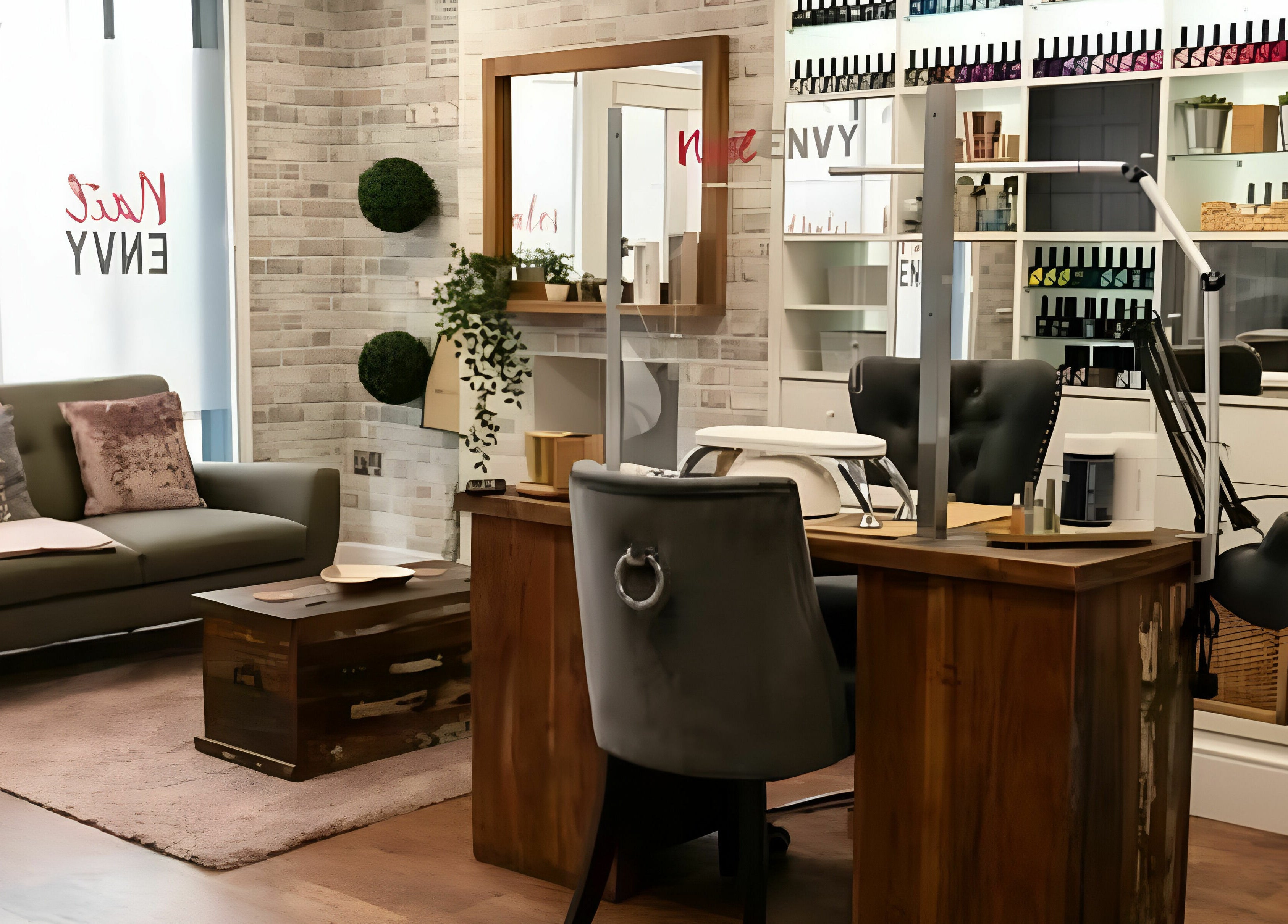 Cozy interior of Nail Envy-Mid Wales in Newtown, Wales, GB featuring elegant nail stations and comfortable seating.