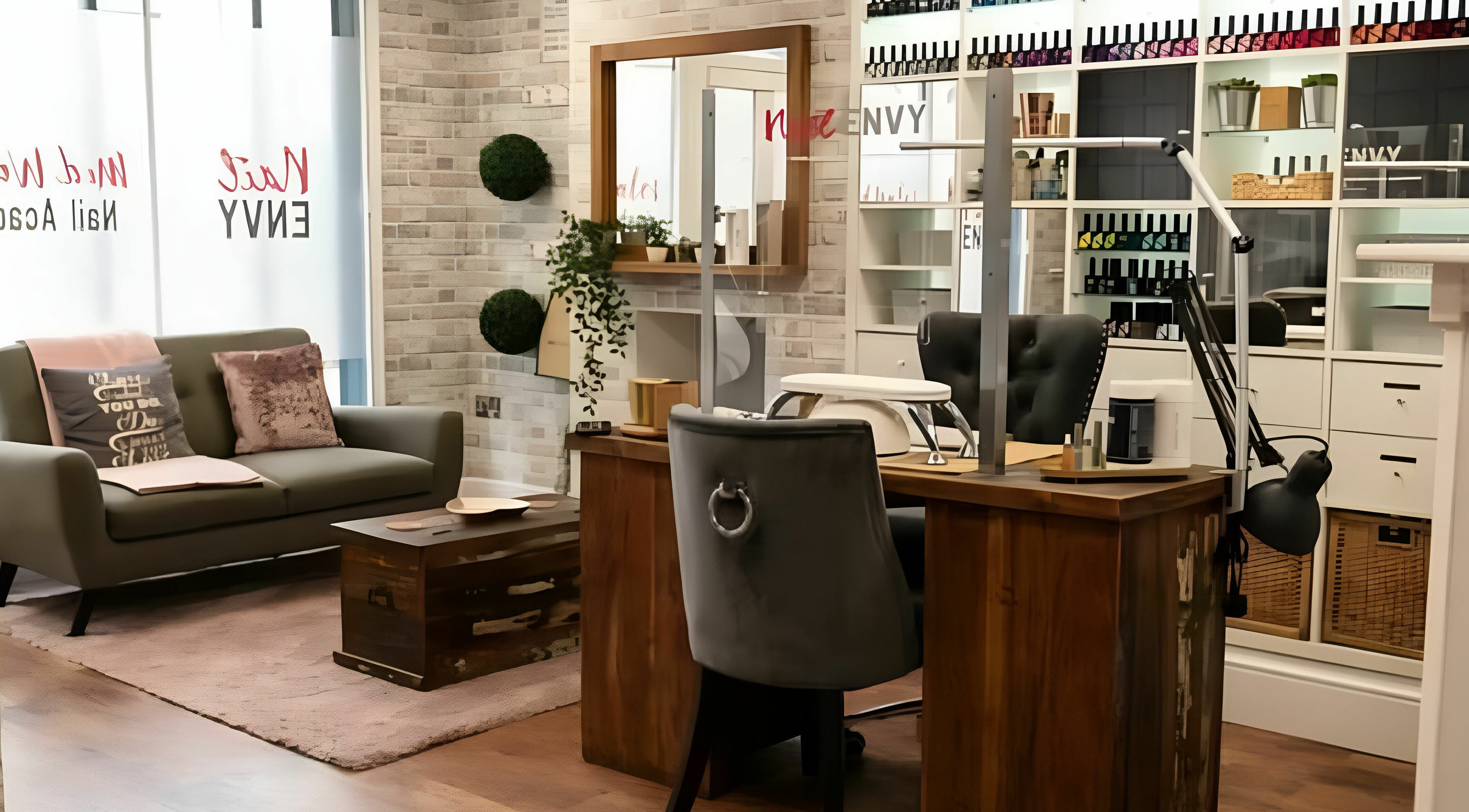 Cozy interior of Nail Envy-Mid Wales in Newtown, Wales, GB featuring elegant nail stations and comfortable seating.