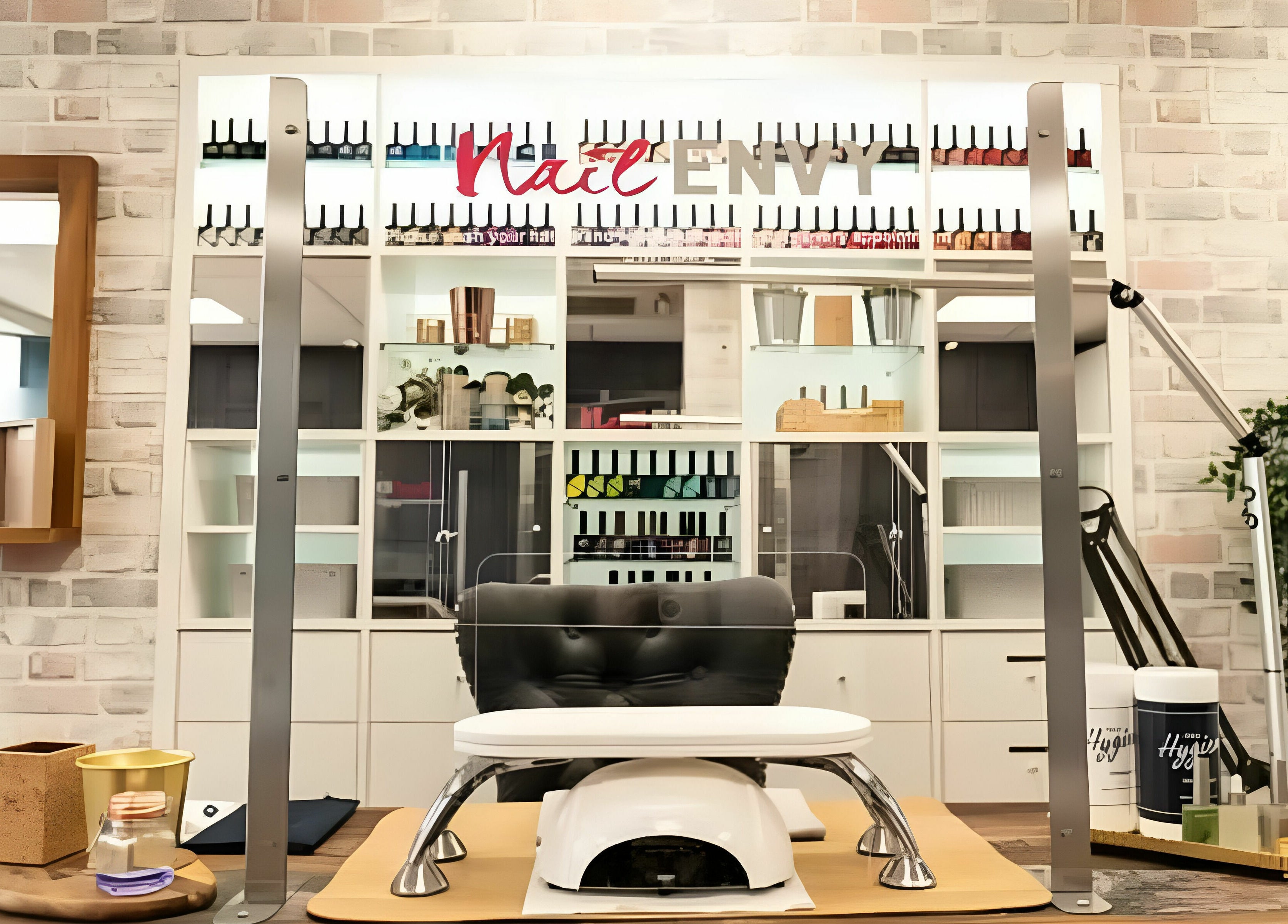 Modern nail care station at Nail Envy-Mid Wales in Newtown, Wales, GB with sleek design and polish display.