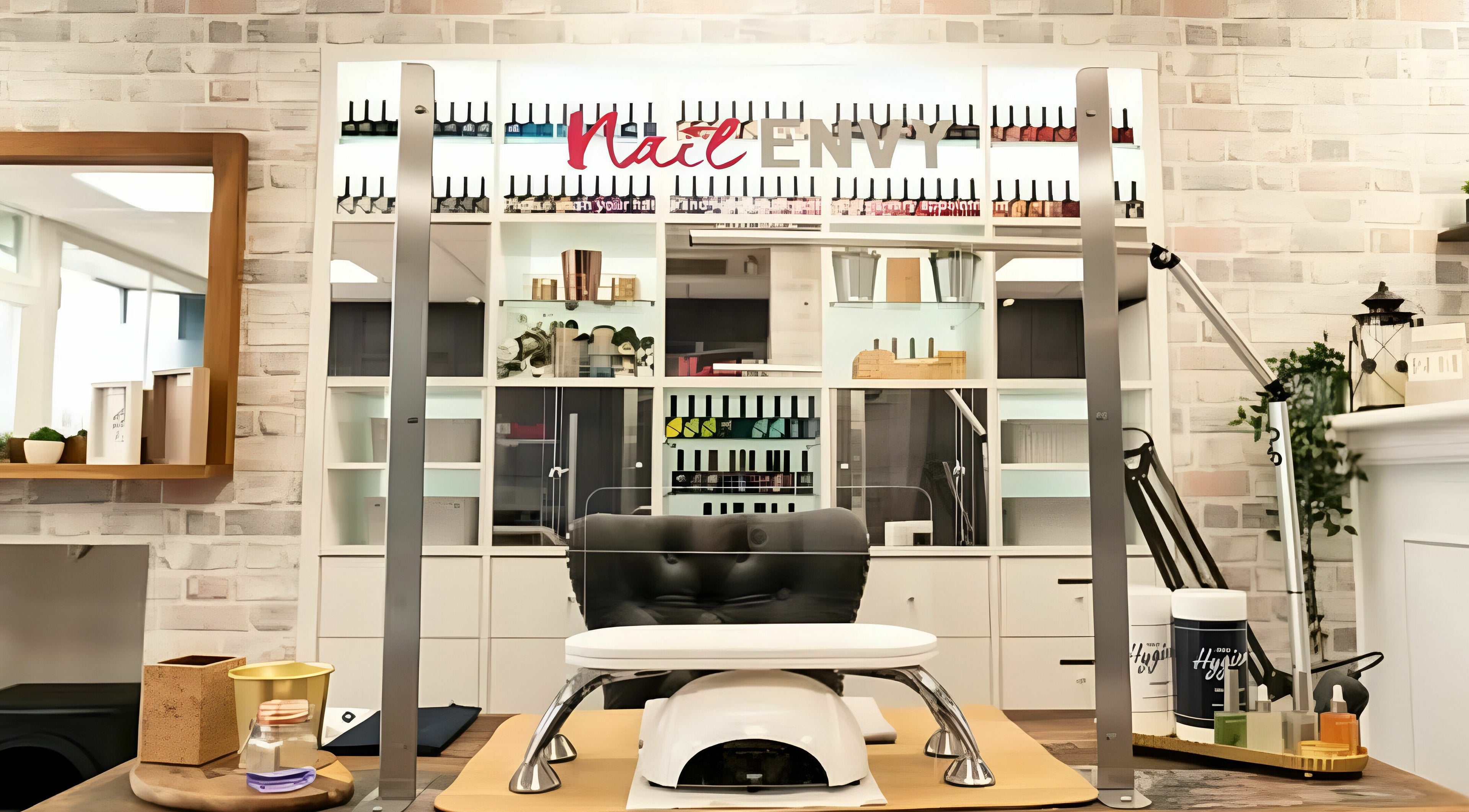 Modern nail care station at Nail Envy-Mid Wales in Newtown, Wales, GB with sleek design and polish display.