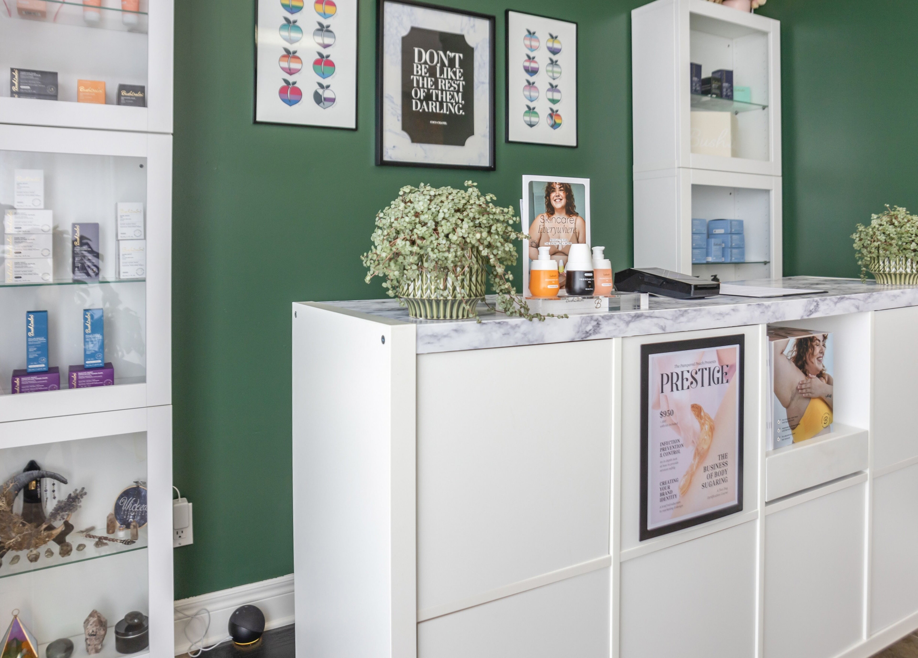 Elegant reception area at The Pampered Peach in Thorold, Ontario, CA, showcasing stylish decor and products.