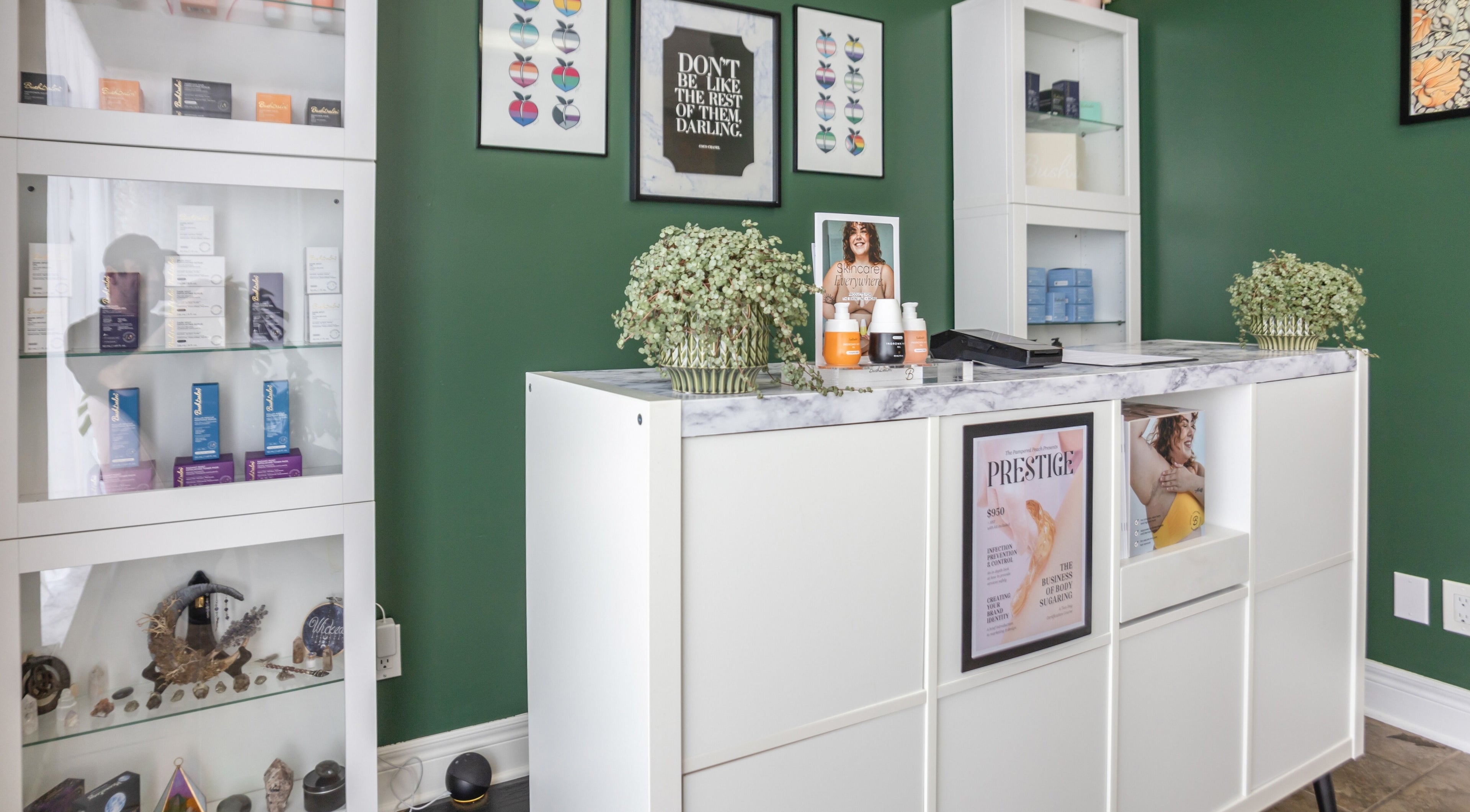 Elegant reception area at The Pampered Peach in Thorold, Ontario, CA, showcasing stylish decor and products.