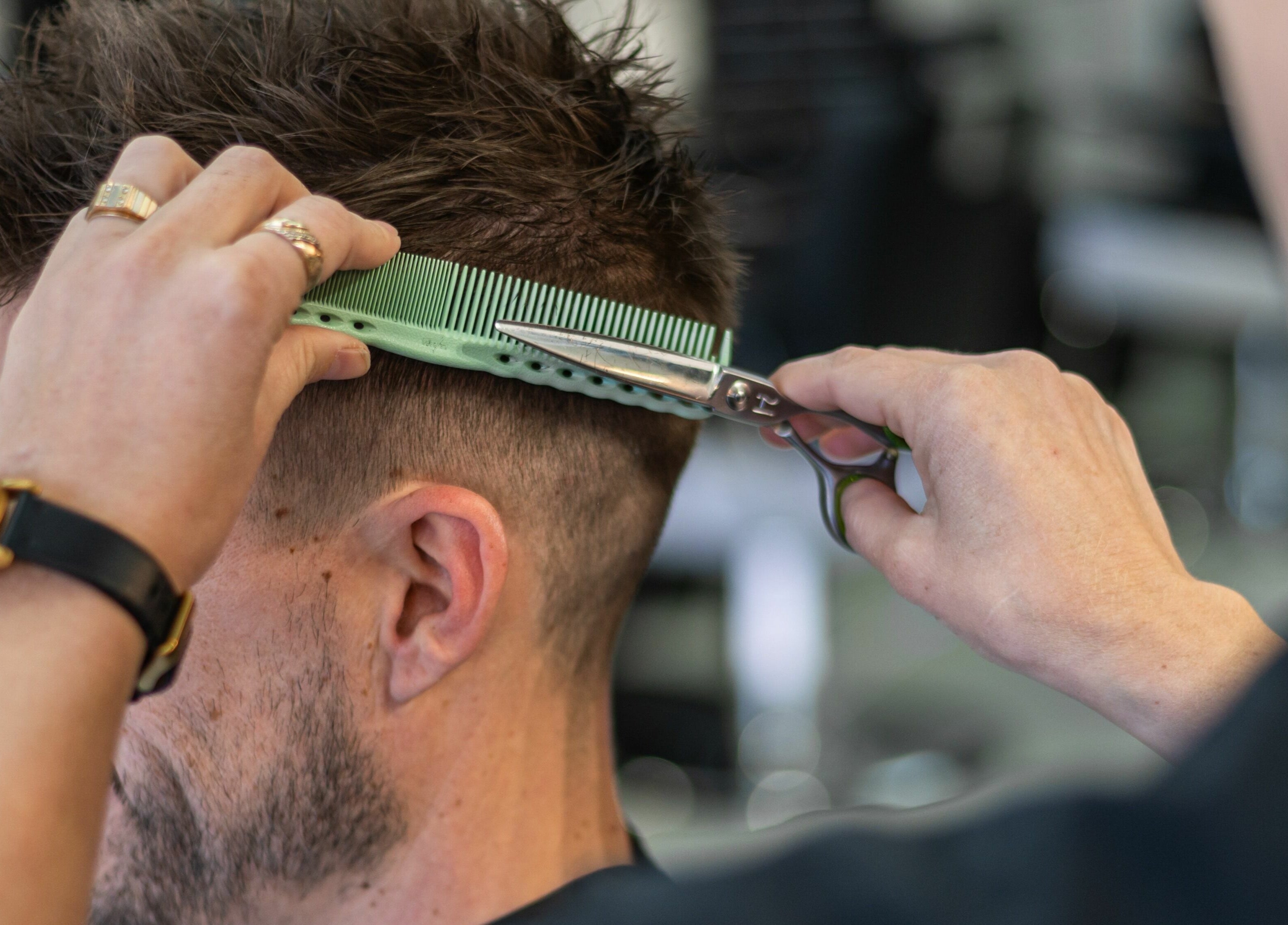 Close-up of a precise haircut at Buzzed Barbers West Hollywood, West Hollywood, California, US.