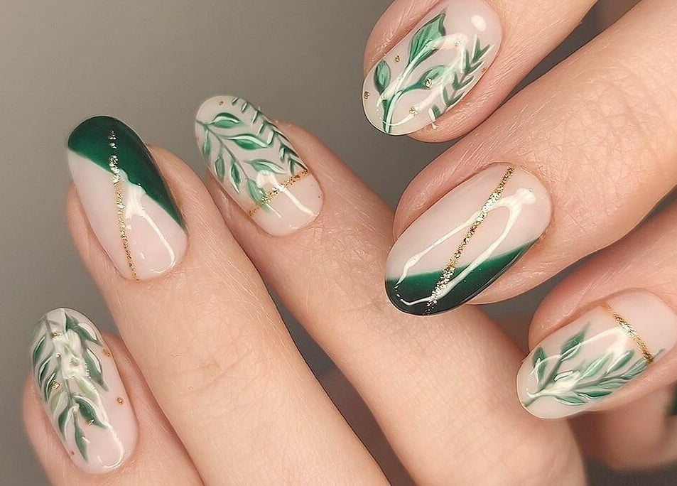 Intricate green botanical nail art at The Green Sanctuary, Swadlincote, England, GB, showcasing fine detail.