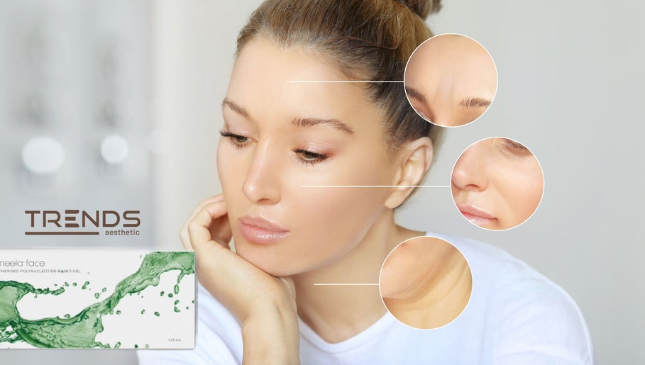 Close-up of a woman's clear skin at Trends Aesthetic Beauty Salon in London, England, GB showcasing treatment results.