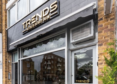 Entrance of Trends Aesthetic Beauty Salon in London, England, GB showcasing its inviting storefront.