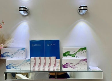 Beauty products at Trends Aesthetic Beauty Salon, London, England, GB, elegantly displayed on a shelf.
