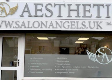 Front view of Salon Angels Beauty & Aesthetics in Caerphilly, Wales, GB, showcasing services and logo.