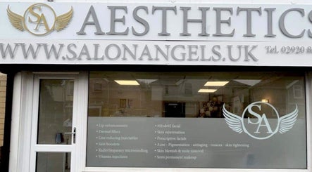 Front view of Salon Angels Beauty & Aesthetics in Caerphilly, Wales, GB, showcasing services and logo.