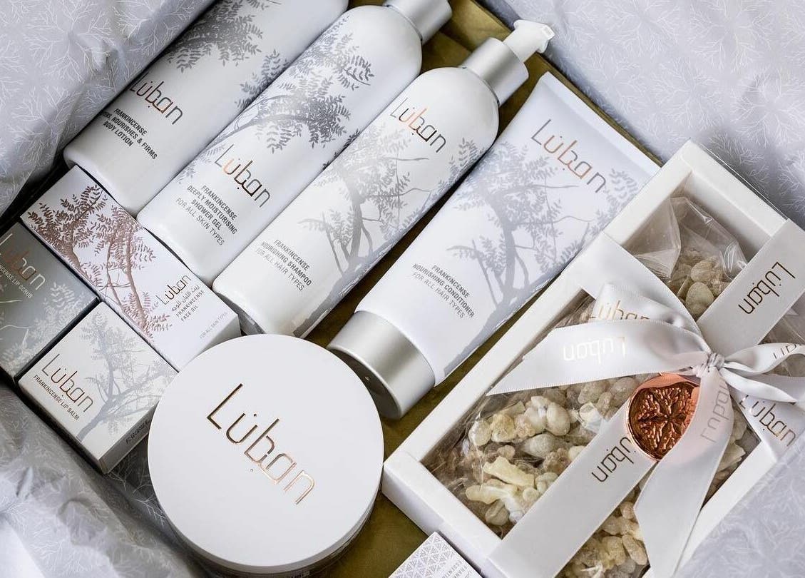 A range of Luban Spa skincare products in elegant packaging at Luban Spa, Dubai, AE.