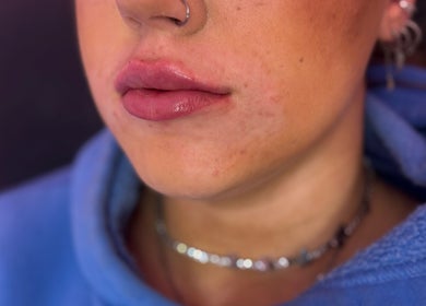 Close-up of glossy lips at Cherry Blossom Beauty, Thornaby, England, GB.