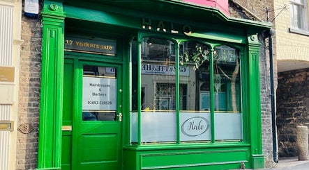 Halo Hair Salon's vibrant green exterior in Malton, England, GB offers inviting hair and beauty services.