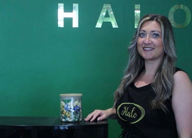 Halo Hair Salon receptionist at the counter in Malton, England, GB. Green backdrop with salon name visible.