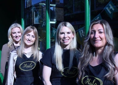 Team of professional stylists in front of Halo Hair Salon, Malton, England, GB.