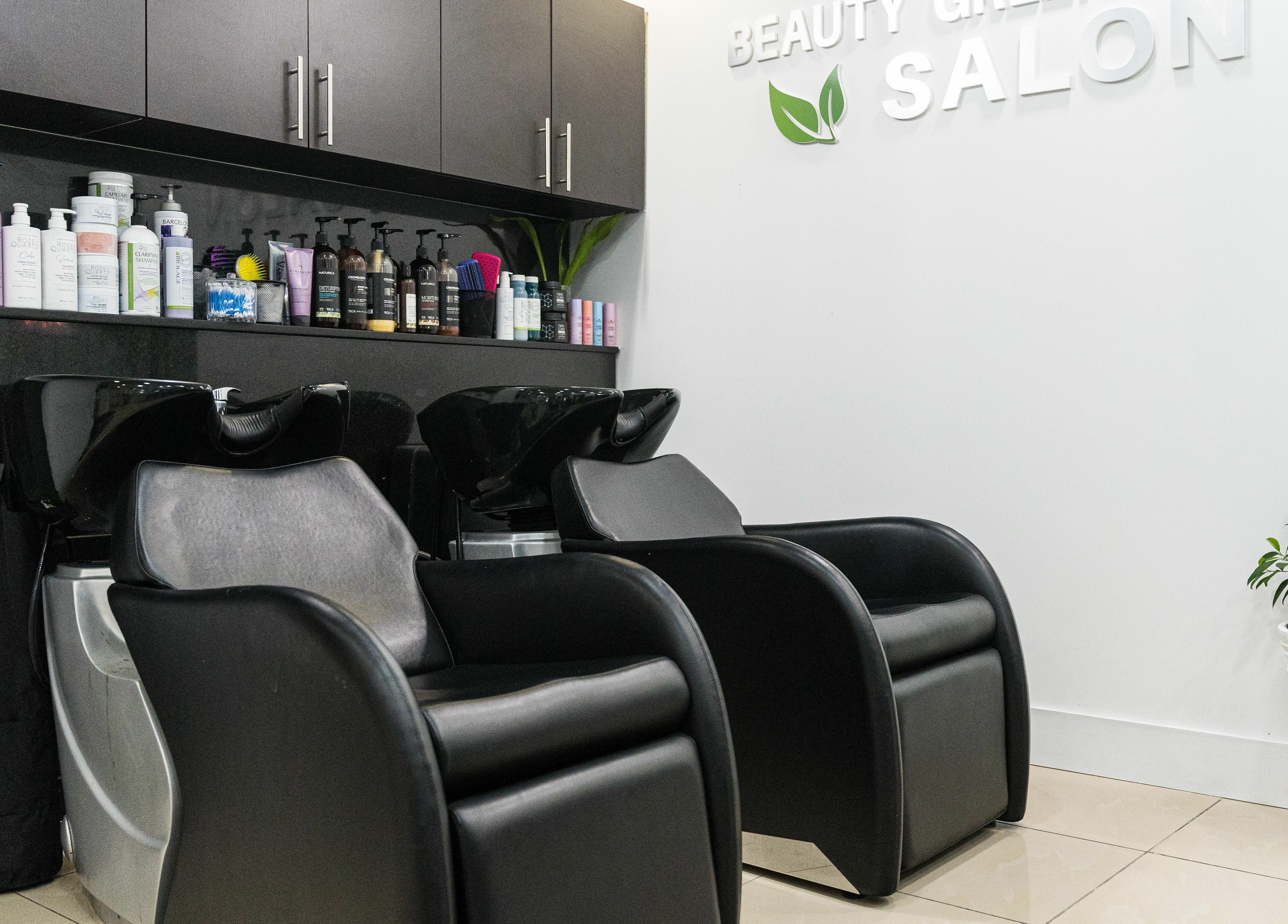 Hair wash stations at BG Integrative Studio, Coral Gables, Florida, US, showcasing sleek design and products.