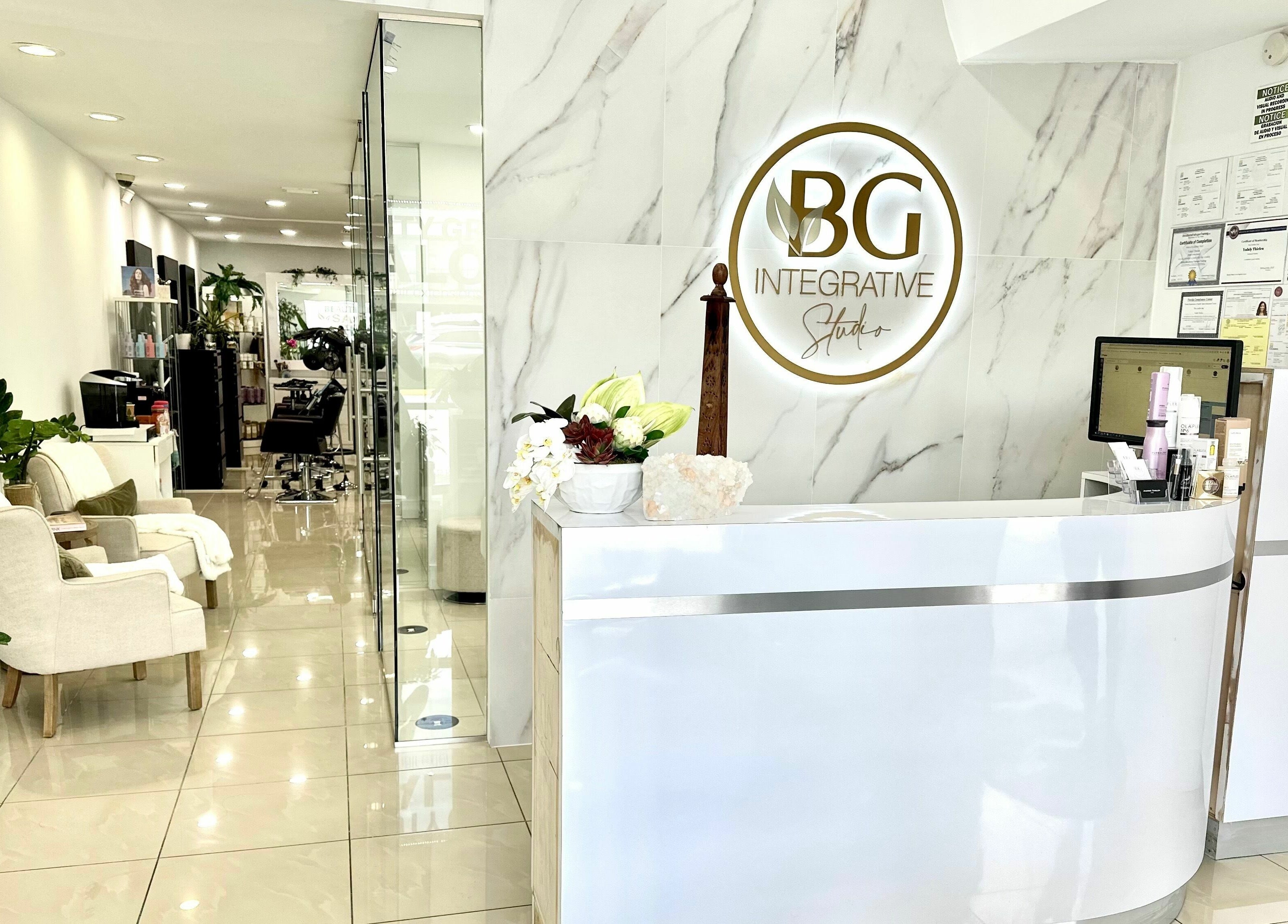Stylish reception area of BG Integrative Studio in Coral Gables, Florida, US with modern decor and seating.
