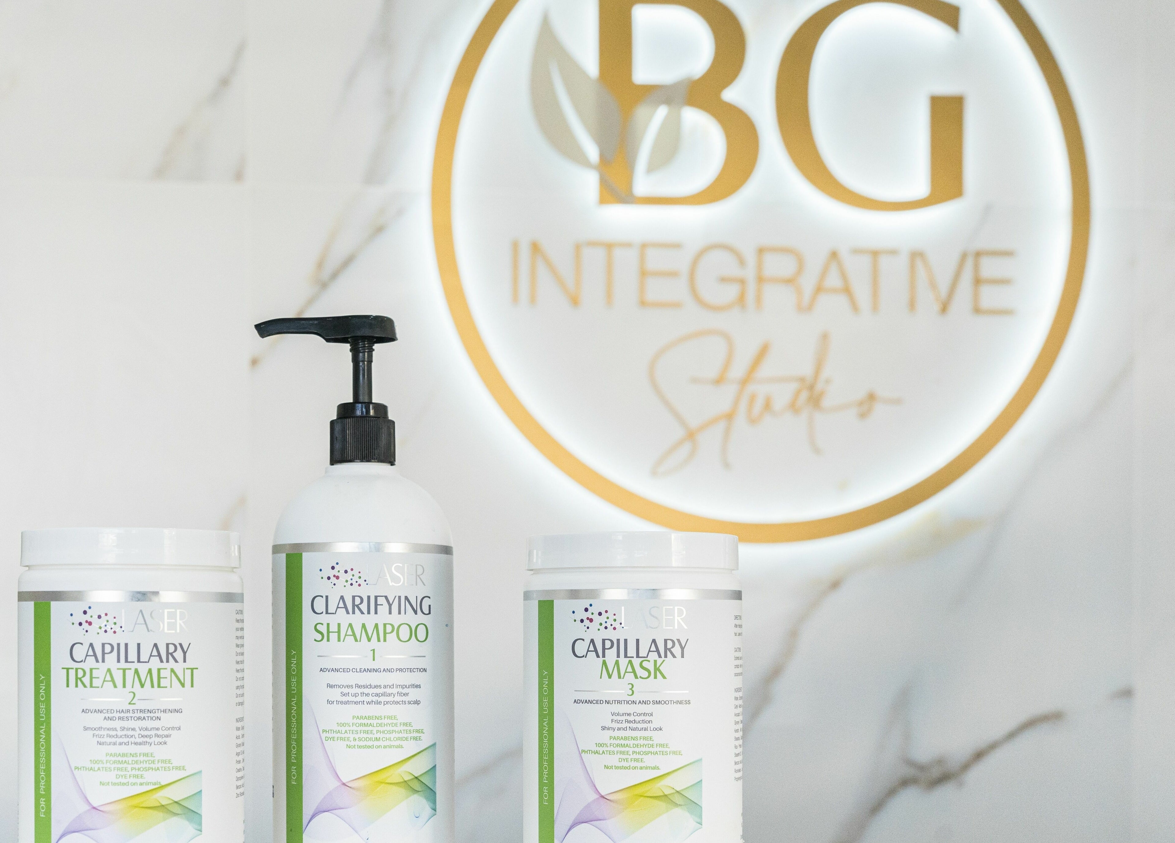 Hair care products at BG Integrative Studio, Coral Gables, Florida, US, enhancing wellness and beauty.