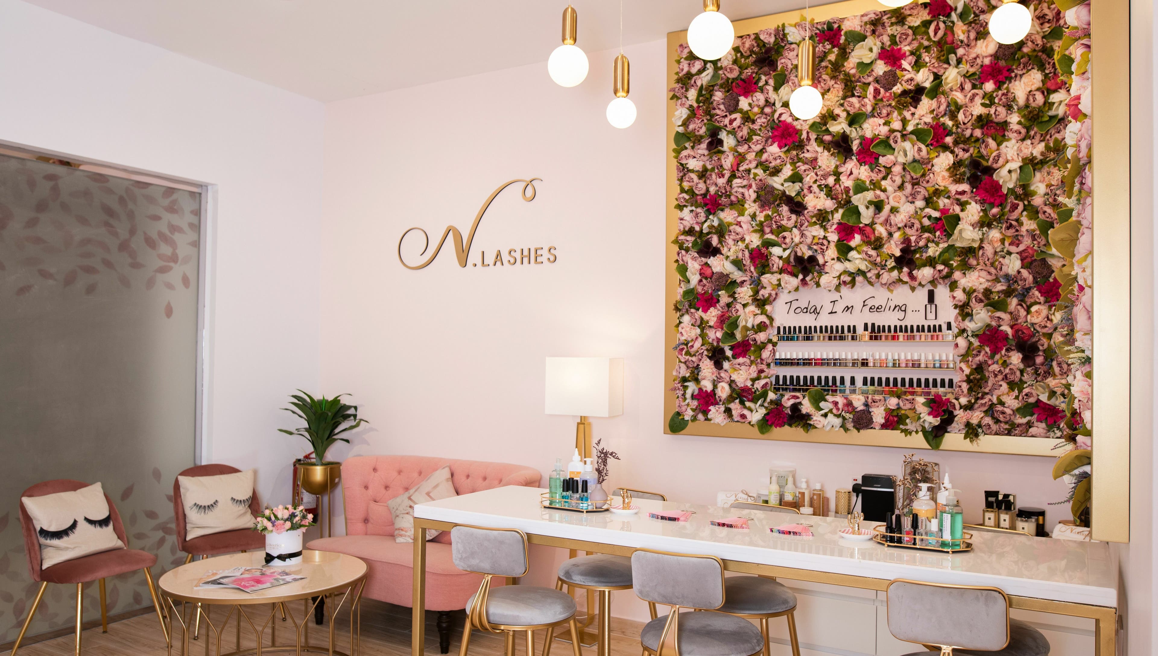 Elegant interior of N.Lashes Al Khobar, with floral decor and stylish seating in Al Khobar, Eastern Province, SA.