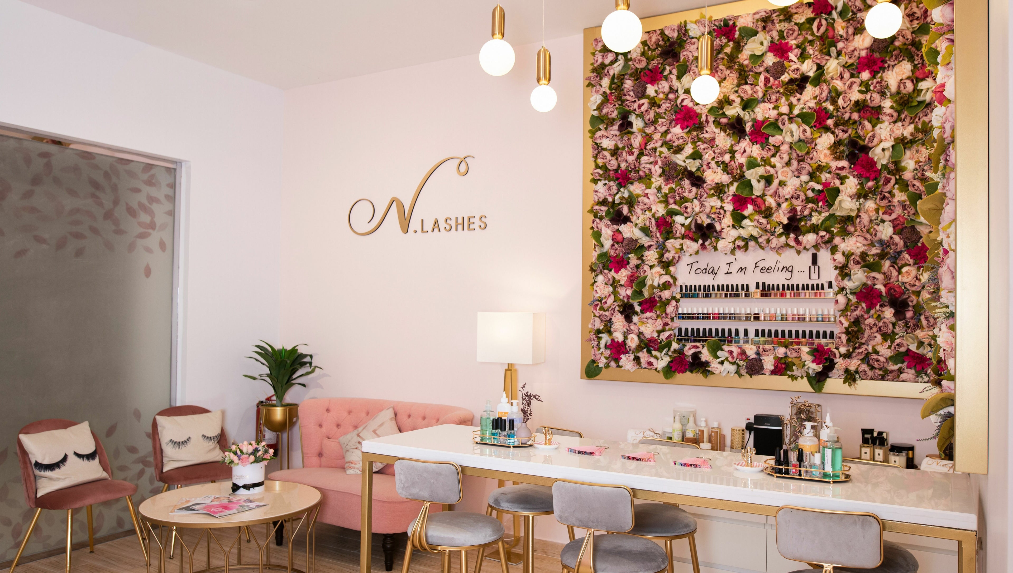 Elegant interior of N.Lashes Al Khobar, with floral decor and stylish seating in Al Khobar, Eastern Province, SA.