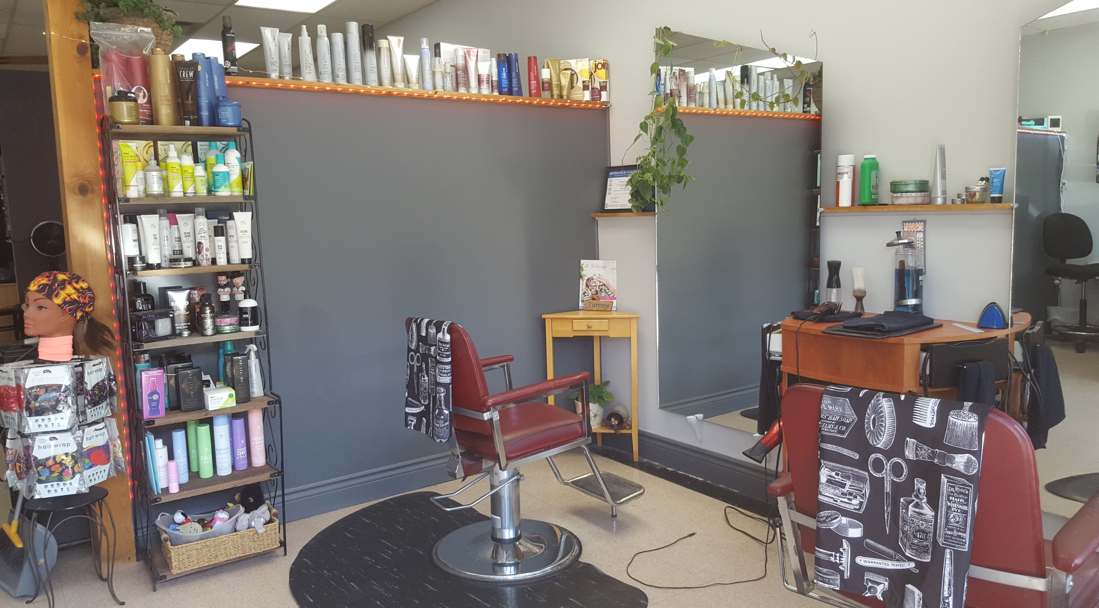 Orillia Hair's stylish salon chair and product display in Orillia, Ontario, CA.